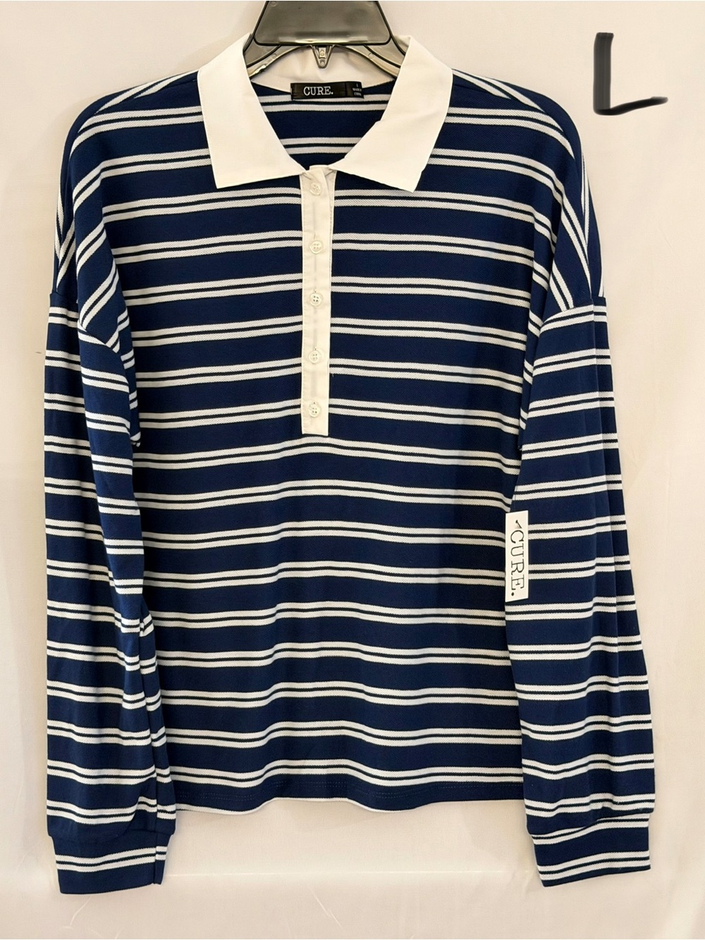 Cure Navy & White Striped Long-Sleeve Polo Top